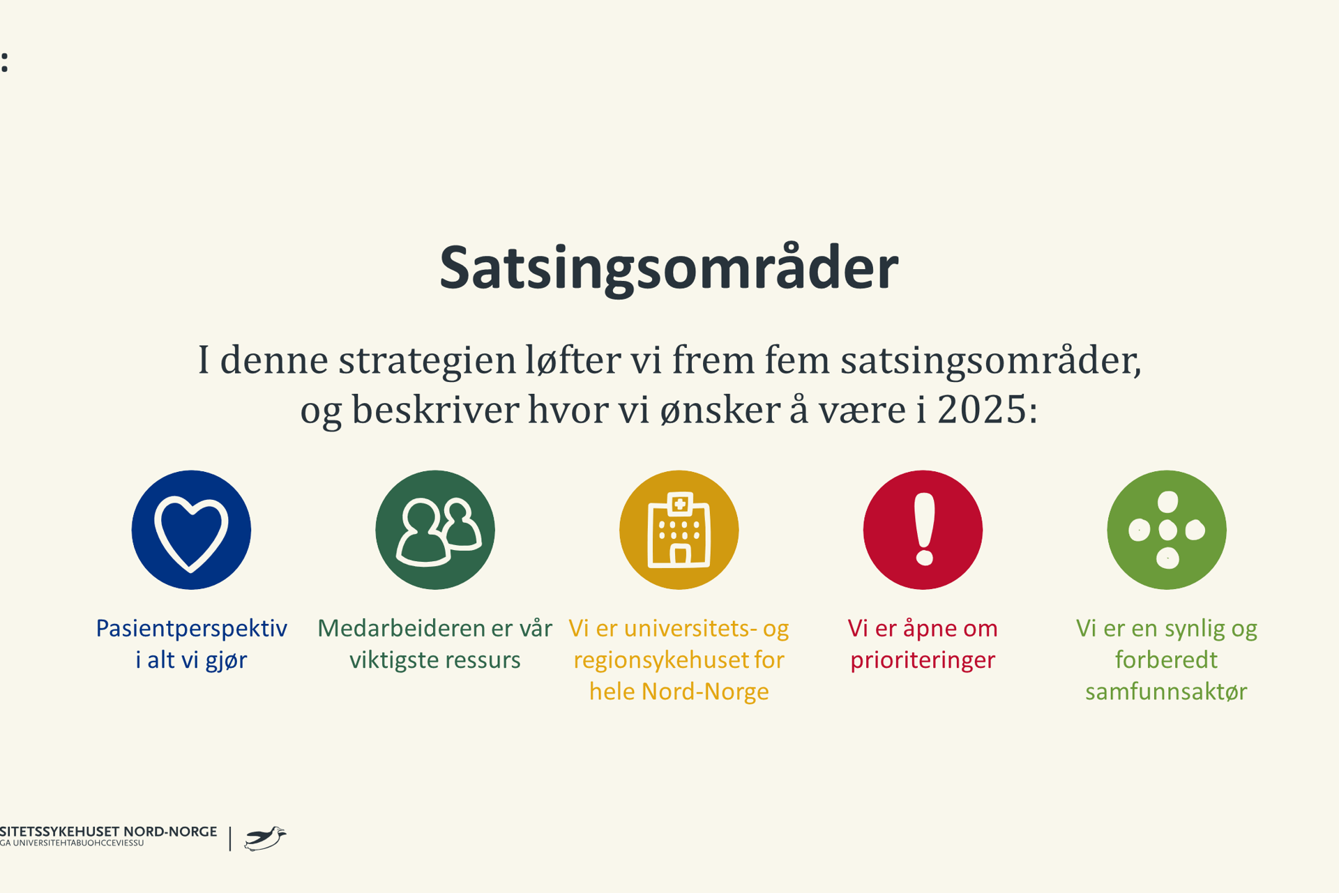 5 satsningsområder i UNN: Pasientperspektiv i alt vi gjør. Medarbeideren er vår viktigste ressurs. Vi er universitets- og regionsykehuset for hele Nord-Norge.Vi er åpne om prioriteringer. Vi er en synlig og forberedt samfunnsaktør