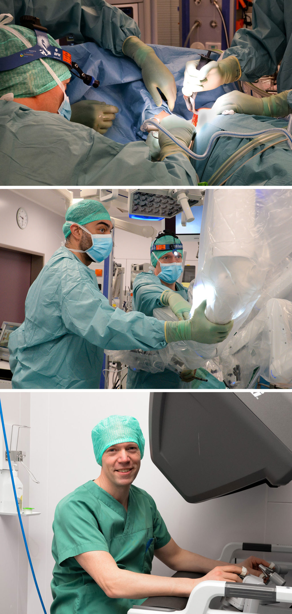 Et collage av en person i kirurgisk uniform og en person med kirurgisk maske