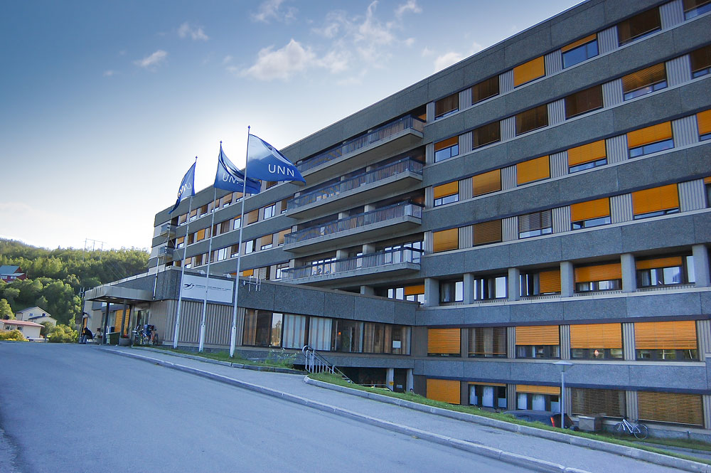 En bygning med flagg foran