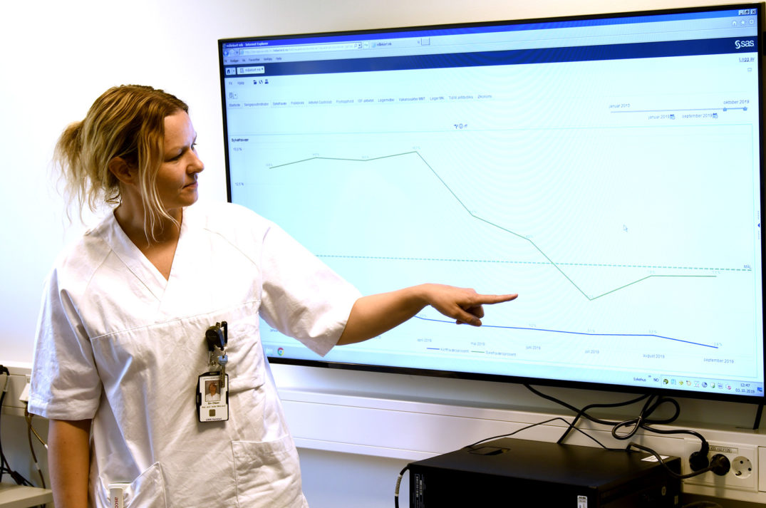 En person som peker på en skjerm