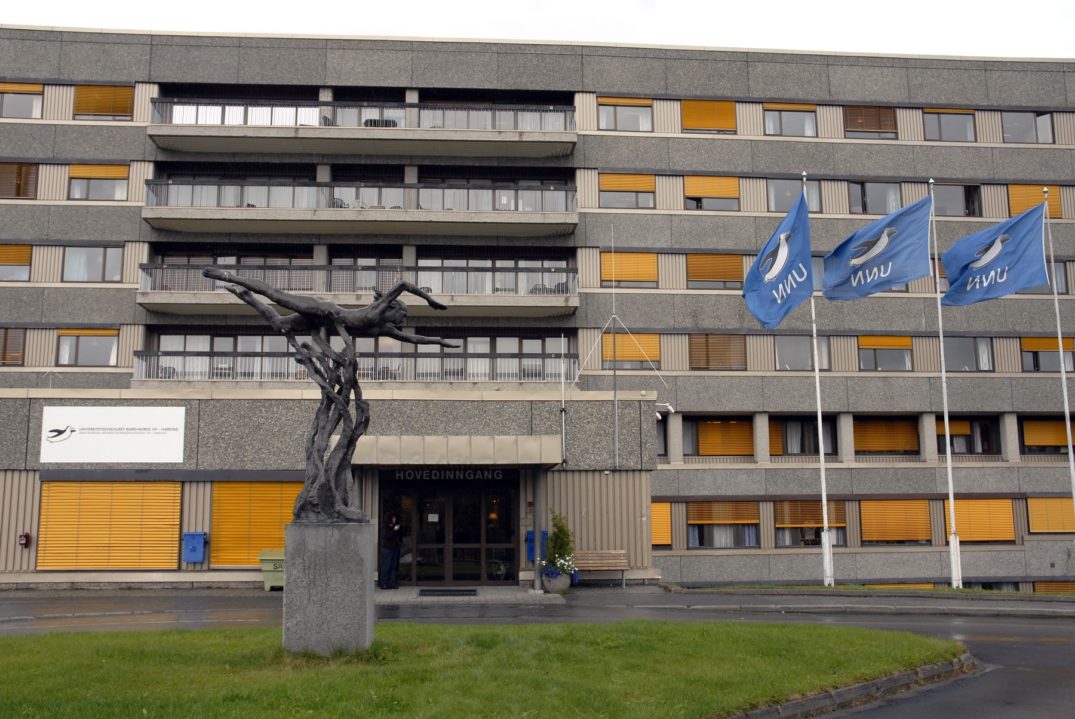 En bygning med flagg foran seg