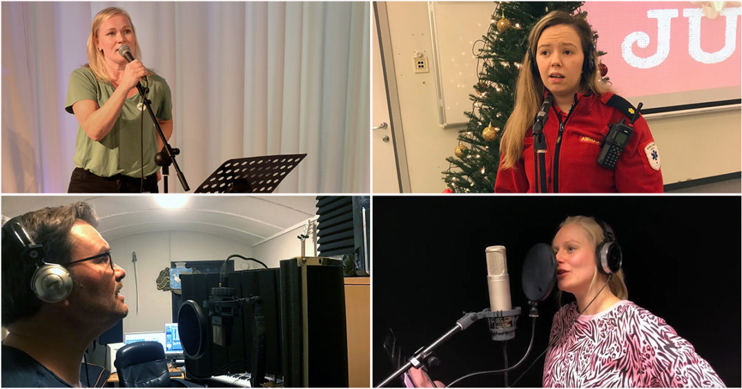 En collage av en person som synger inn i mikrofoner