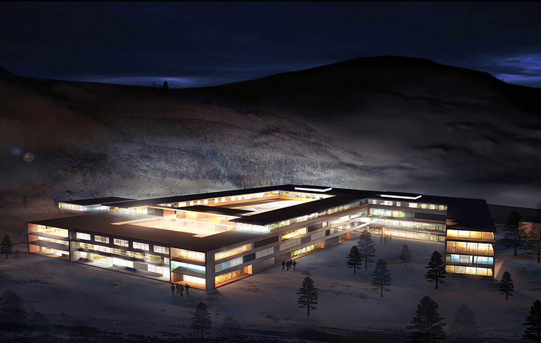 En bygning med lys om natten