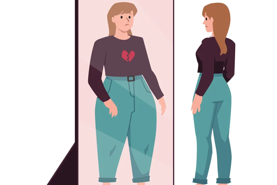 En kvinne som ser en rundere versjon av  seg i speilet