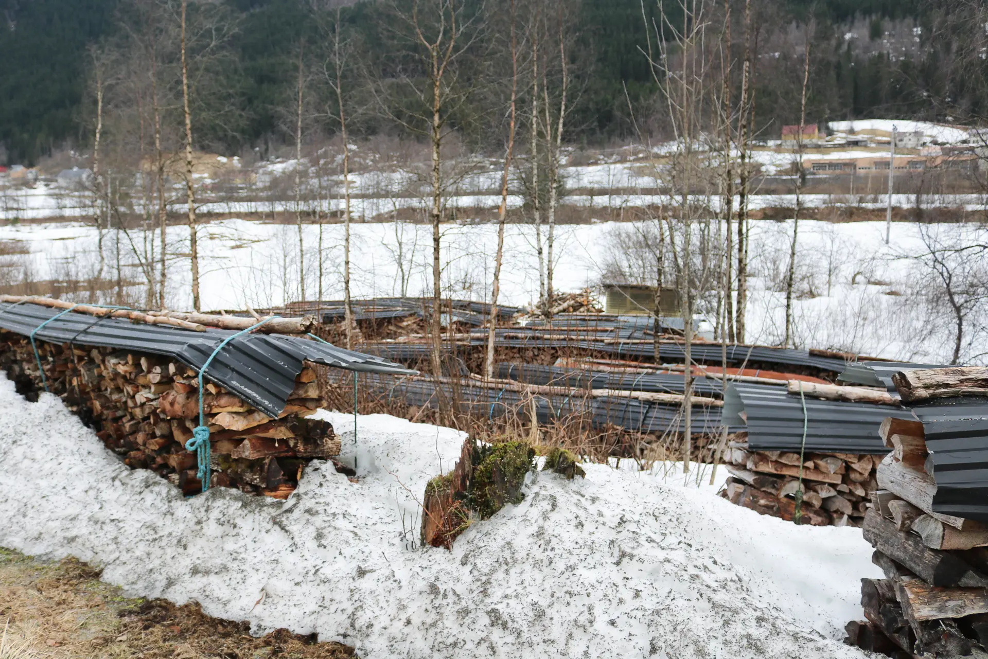 Et område med flere vedstabler. Vedstabler er skjermet av bølgeblikksplater.