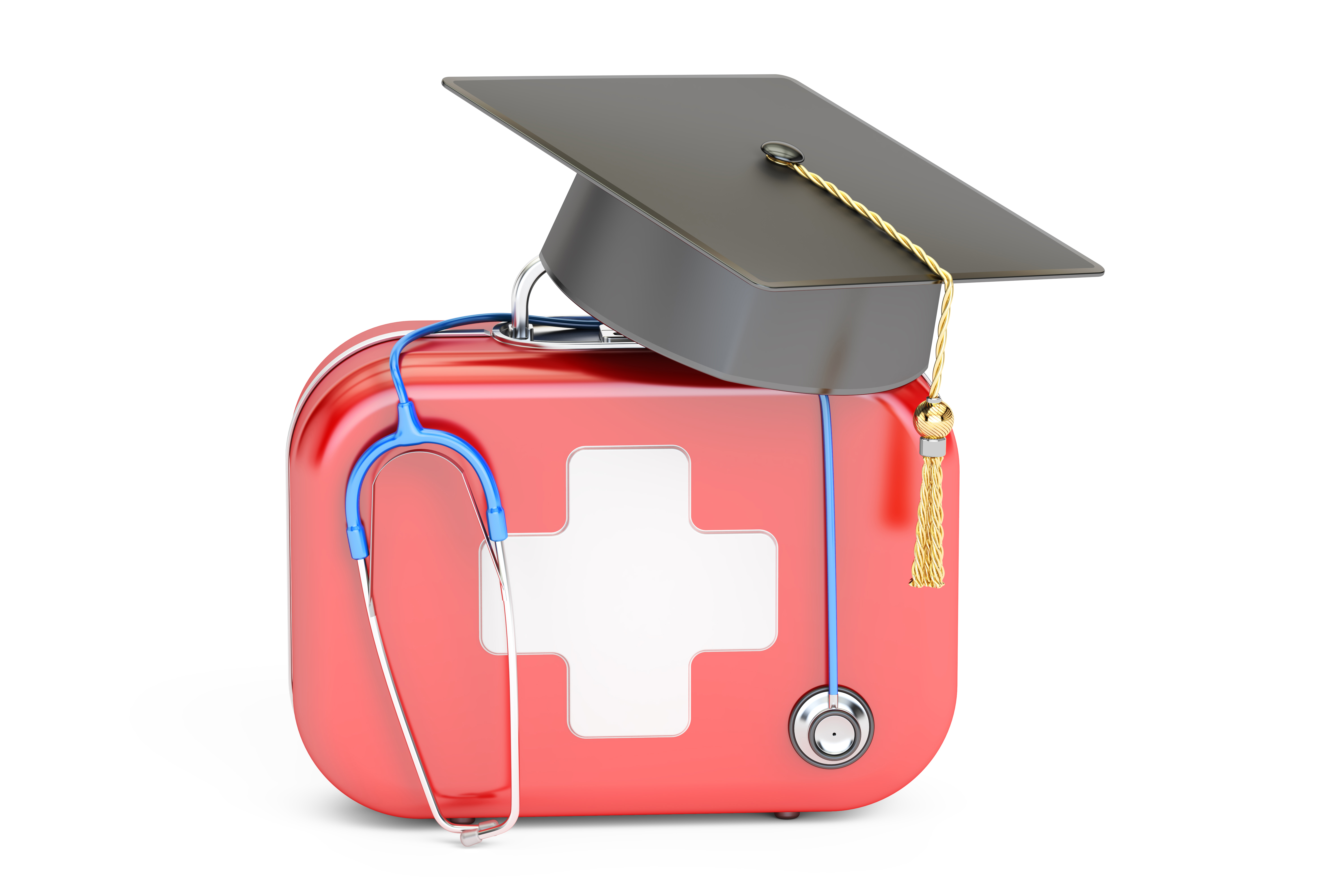 Akademisk hatt som ligger på en førstehjelpskoffert