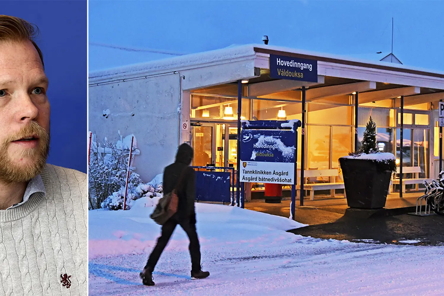 En mann som står foran en bygning med et skilt på