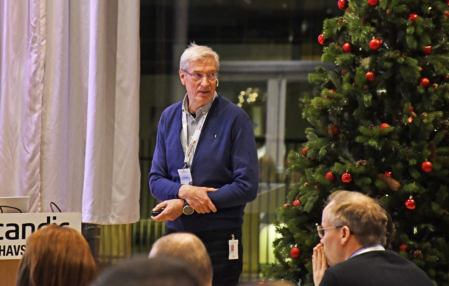En person som står foran et juletre
