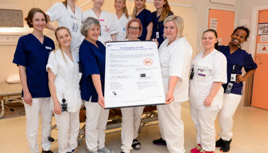 Geriatrisk sengepost ved UNN Tromsø reduserte antall intrahospitale fall med 55 prosent. Bak fra venstre&#58; Stine Skjervengen, Joh