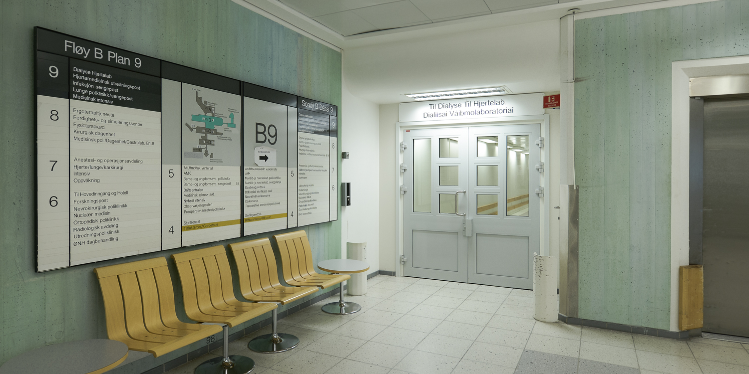 For å komme til oss må du gå via inngangen til dialyse og hjertelab i fløy B, plan 9.