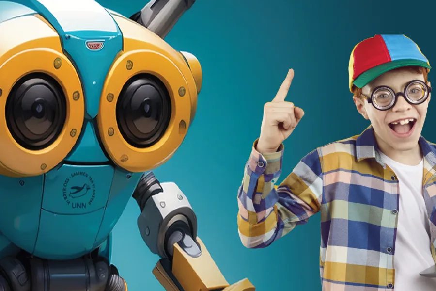 En mann som peker på en stor gul maskin