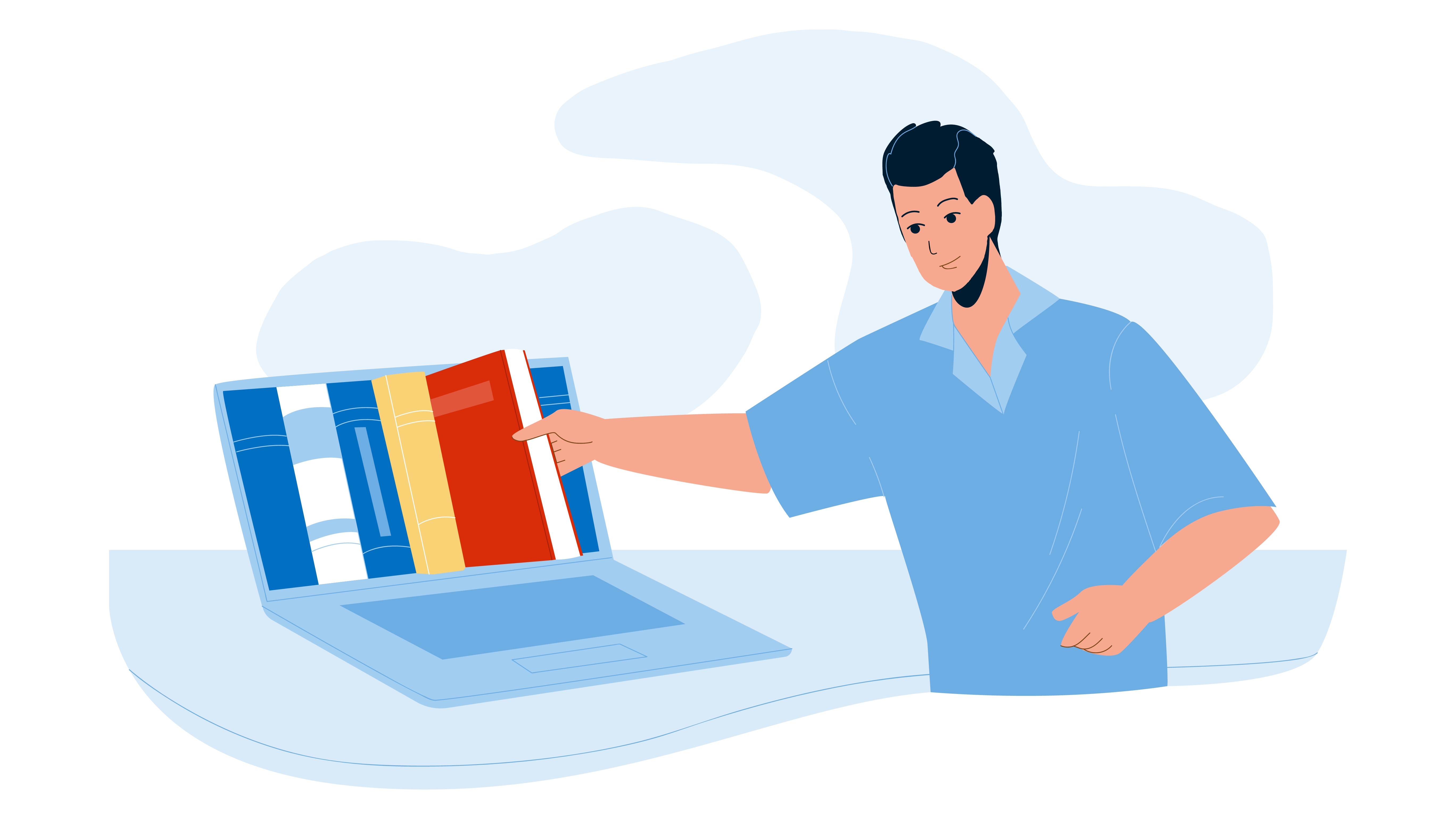 Mann som tar fram oppslagsverk