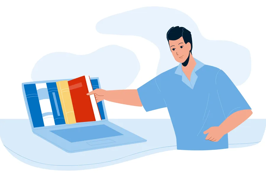 Mann som tar fram oppslagsverk