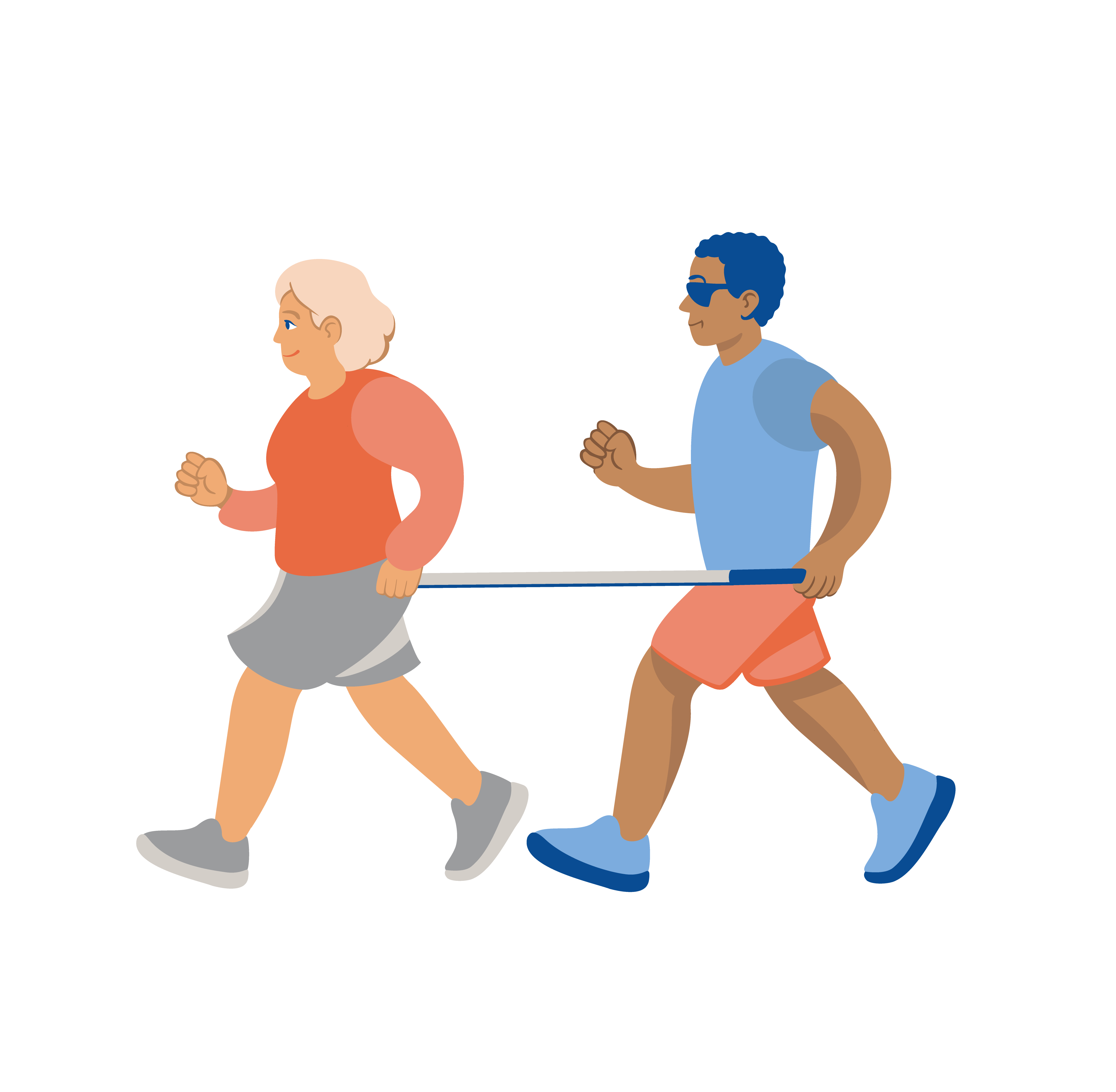 Tegnet bilde av en kvinne og en mann løpende etter hverandre med en stokk som begge holder i hver sin ende.