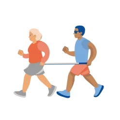 Tegnet bilde av en kvinne og en mann løpende etter hverandre med en stokk som begge holder i hver sin ende.