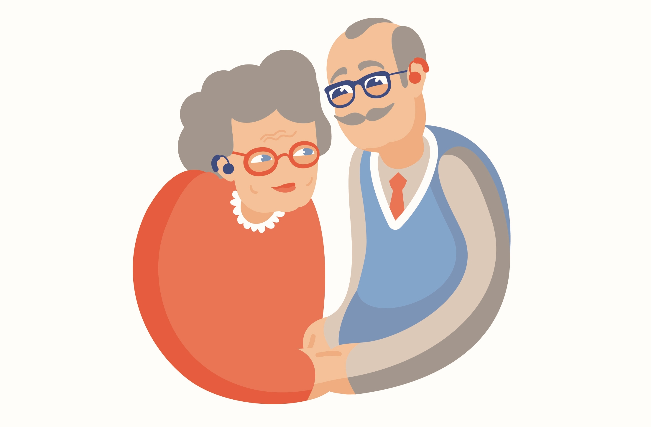 Tegnet bilde av en eldre kvinne og mann som holder hverandre i hendene og ser på hverandre.