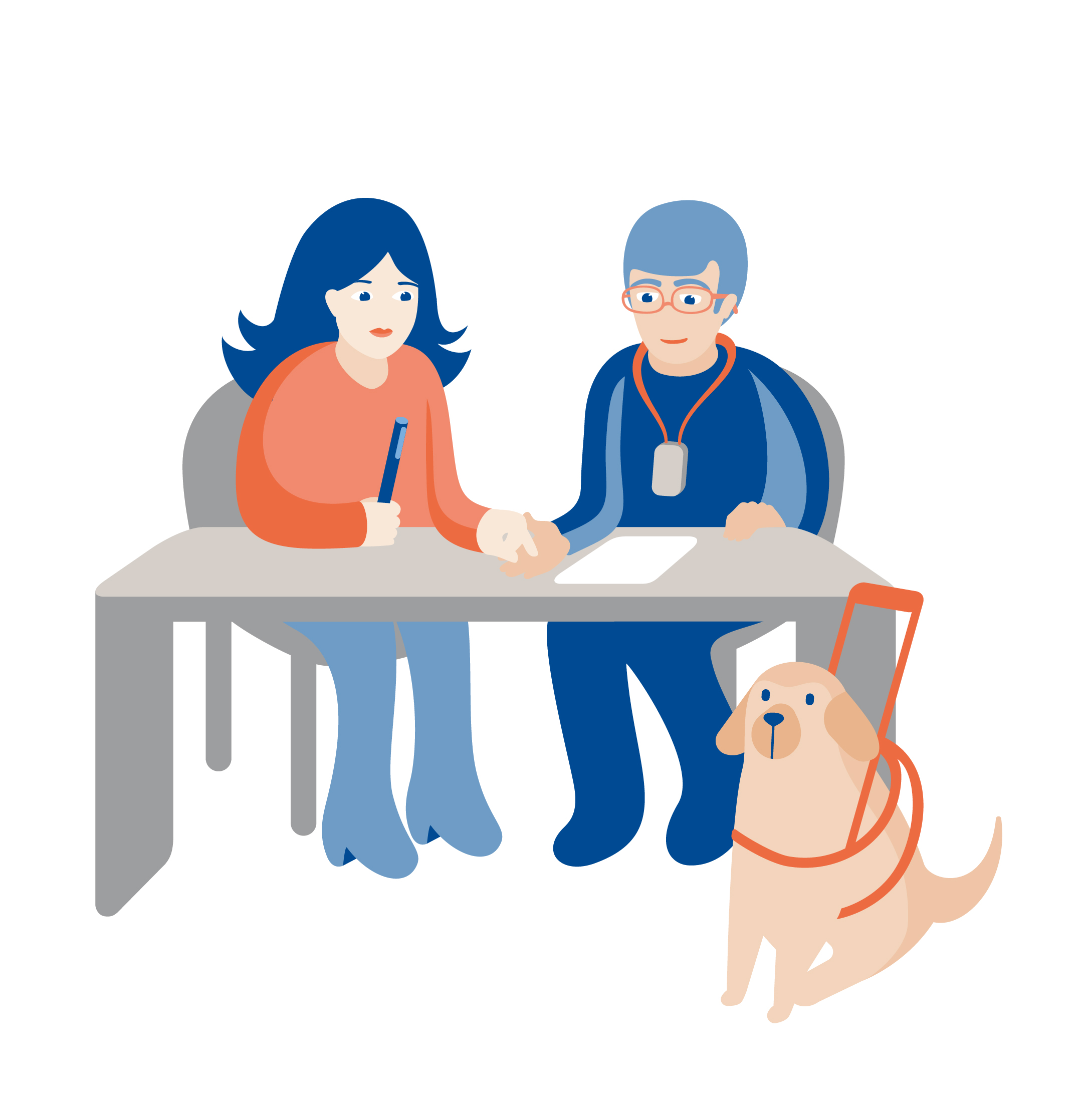 Dame og mann som sitter og snakker i FM-utstyr, førerhund nedenfor bord