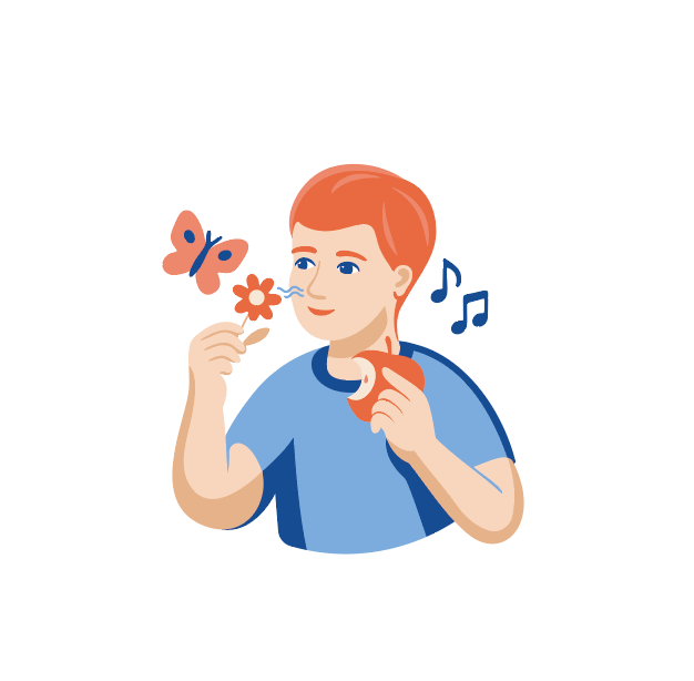 Tegnet bilde av en person som holder en blomst og et eple med sommerfugl og musikknoter ved hodet.