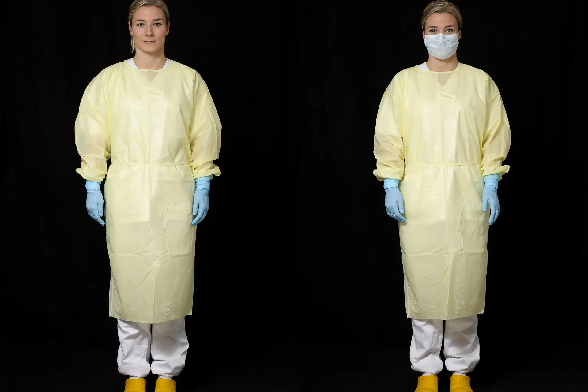 A couple of people wearing protective gear