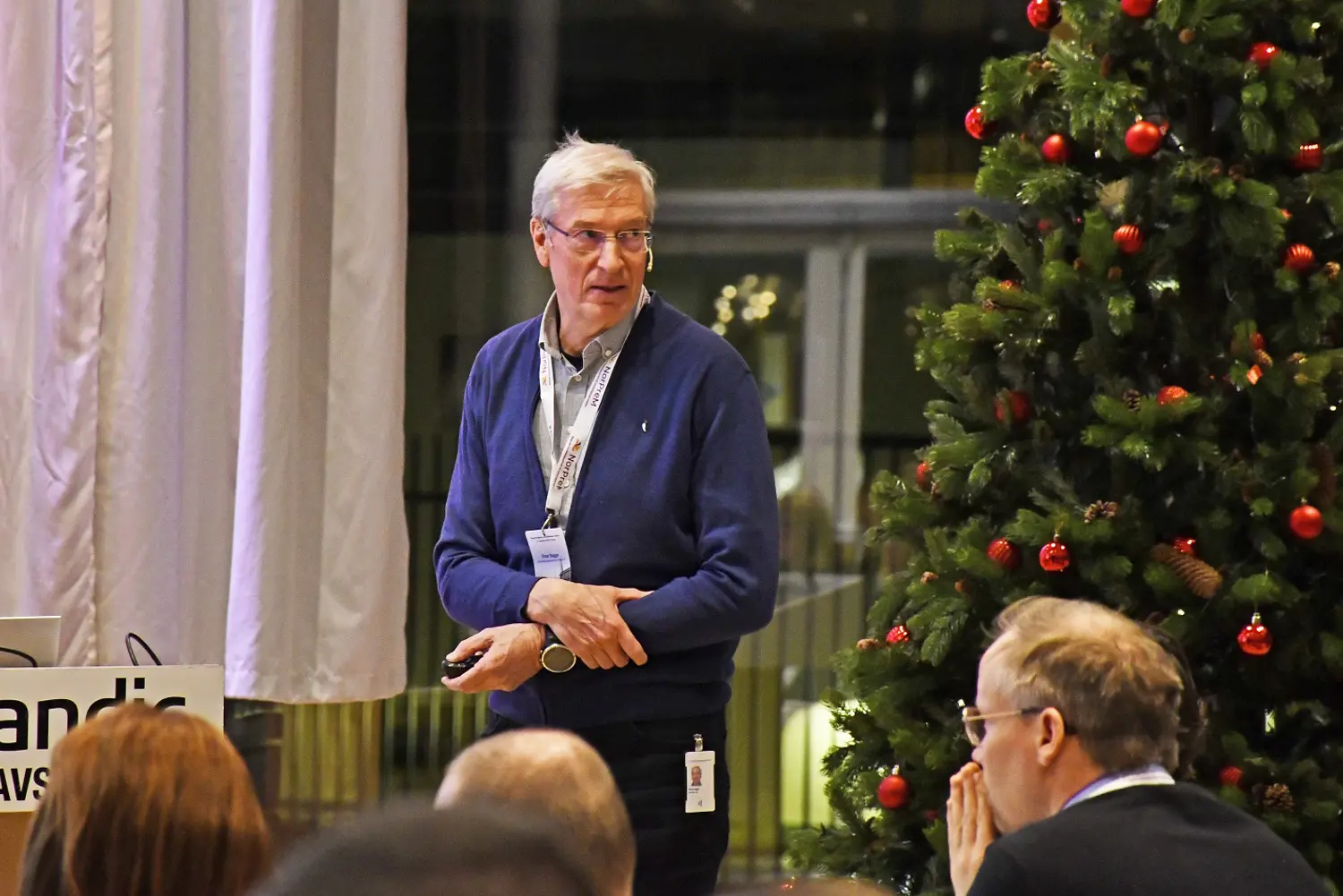 En person som står foran et juletre