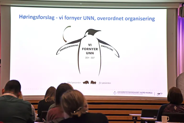 En gruppe mennesker som sitter foran en projeksjonsskjerm